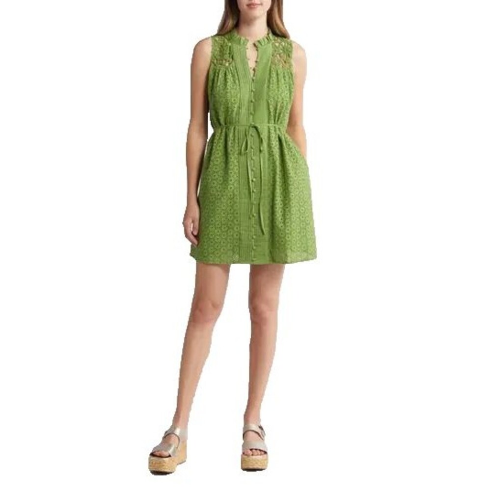Sleeveless Green Eyelet Mini Dress with Tie Waist